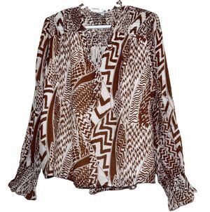 Fate Avara Redonna Top L Brown Ivory Geometric Tie Neck Smocked Blouse